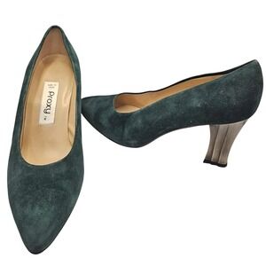 Proxy Green Suede Pumps Womens 11 Pointed Toe Sculpted Wood Heel 90s